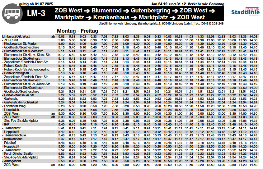 Fahrplan der Stadtlinie Limburg