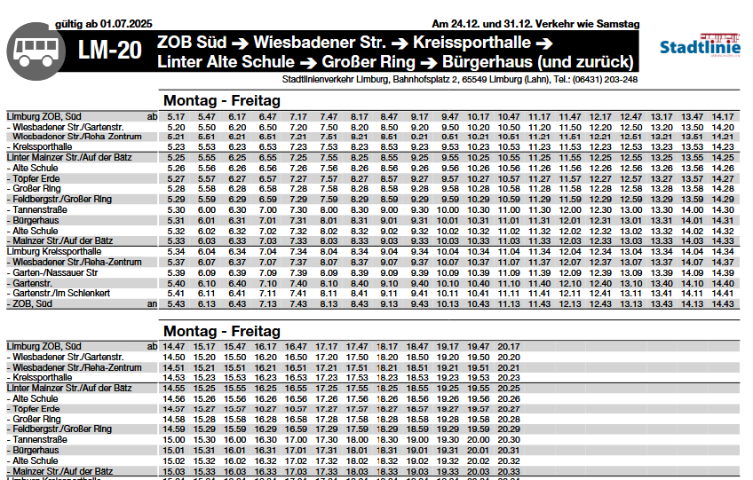 Fahrplan der Stadtlinie Limburg