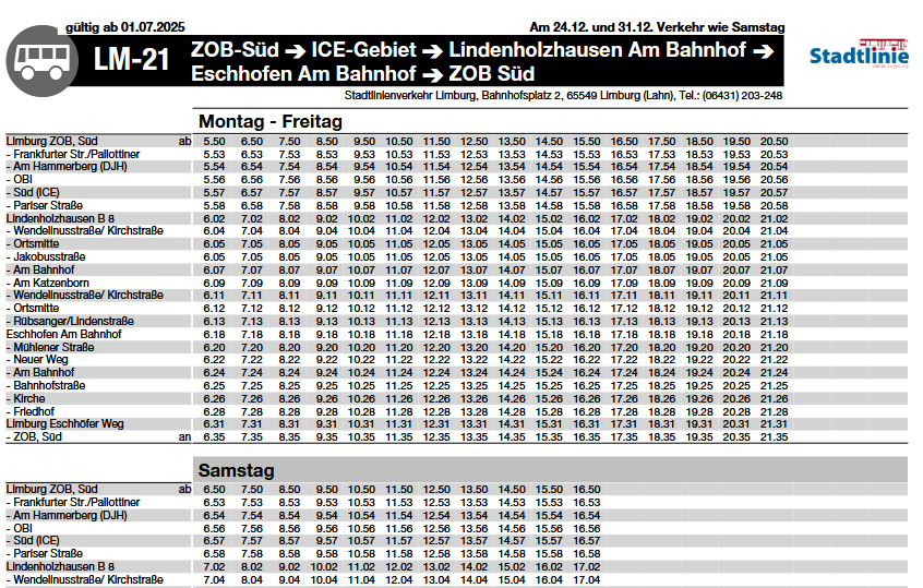 Fahrplan der Stadtlinie Limburg