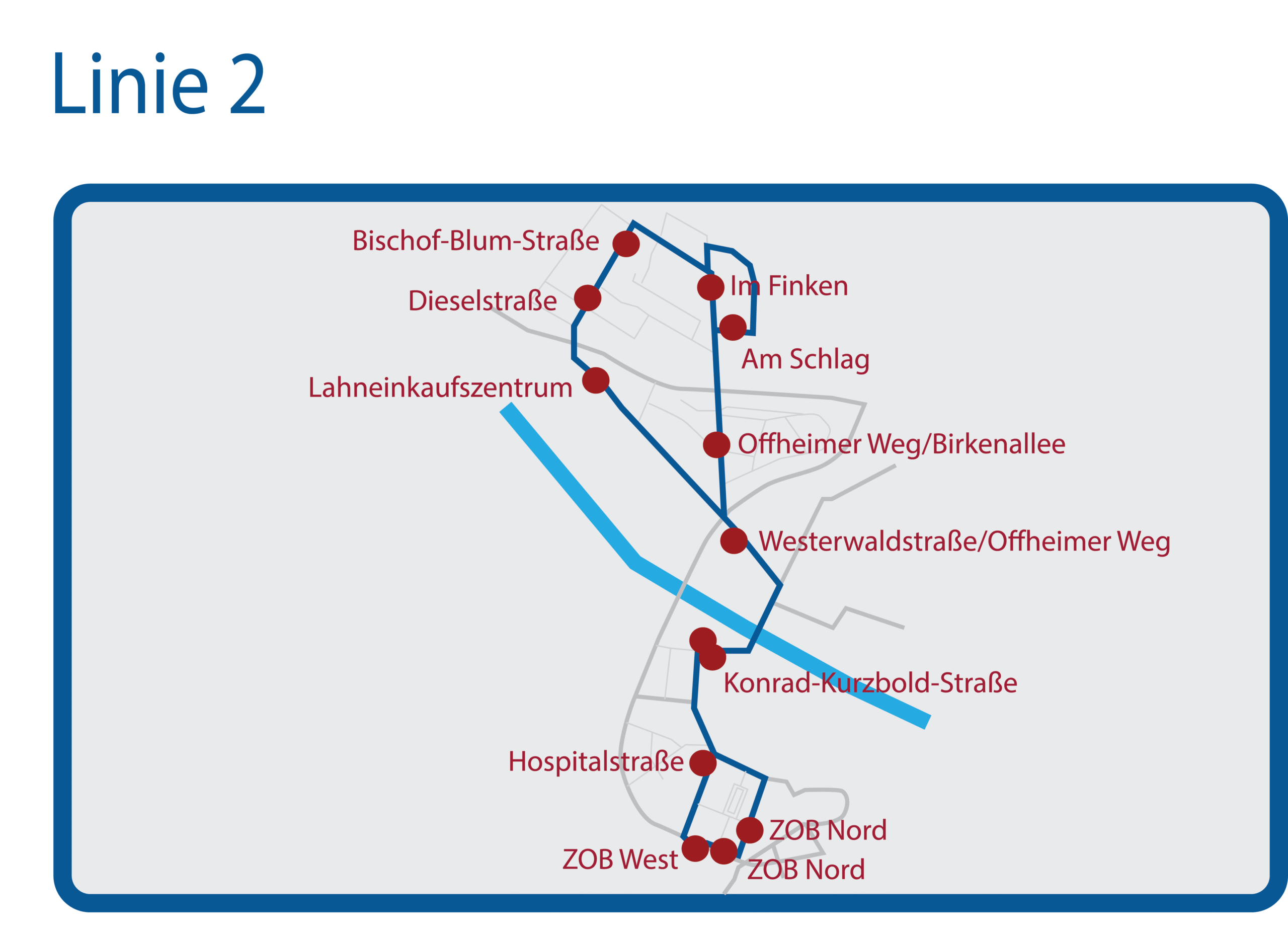 Haltestellen sind: • Mainzer Straße • Alte Schule •  Töpfer Erde • Großer Ring • Feldbergstraße • Tannenstraße • Bürgerhaus