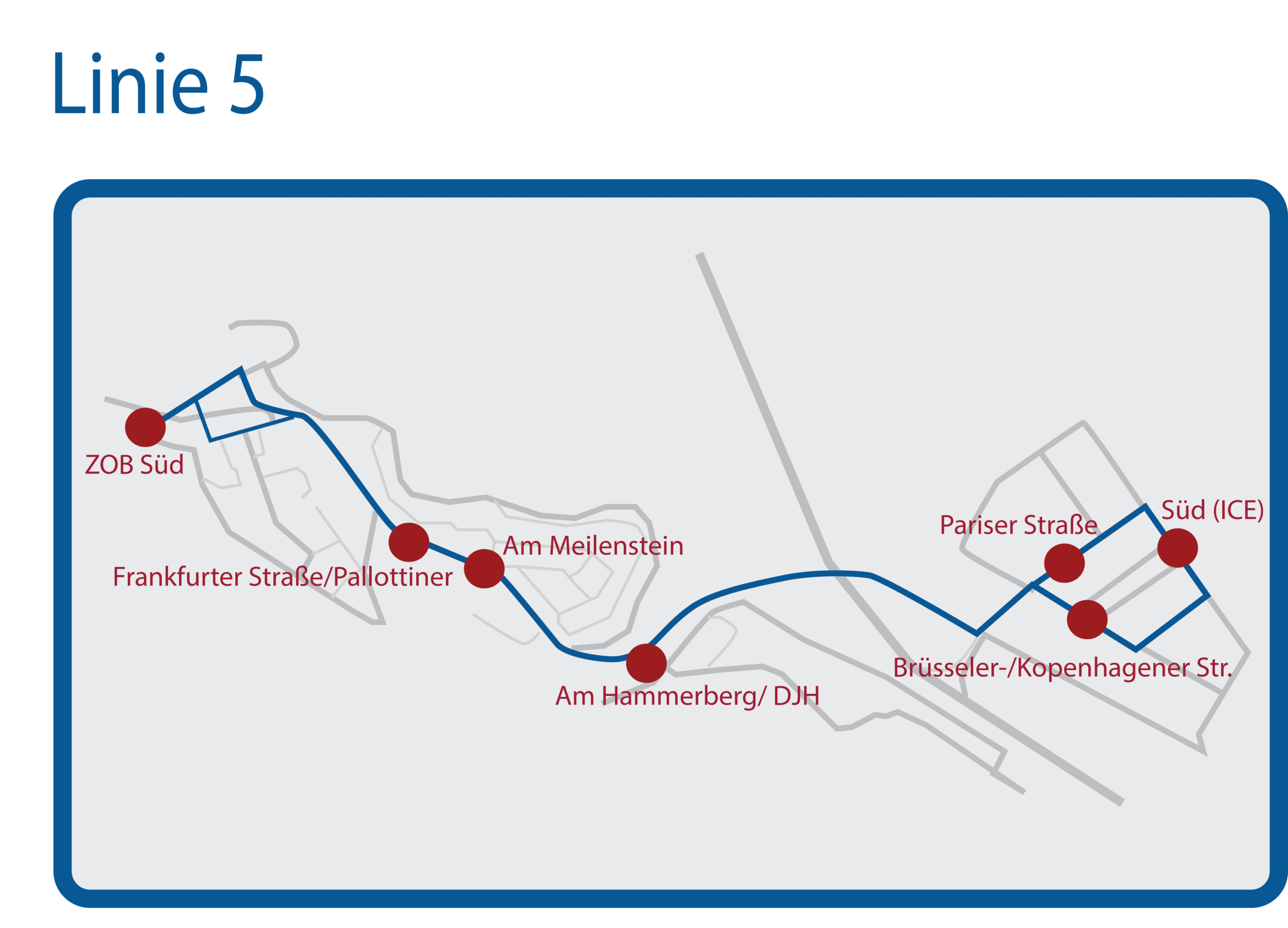 Haltestellen sind: • Mainzer Straße • Alte Schule •  Töpfer Erde • Großer Ring • Feldbergstraße • Tannenstraße • Bürgerhaus