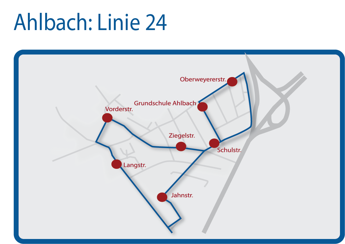 Haltestellen sind: • Jahnstraße • Ahlbach Schulstraße • Oberweyerer Straße • Grundschule Ahlbach • Ahlbach Ziegelstraße • Ahlbach Vorderstraße • Langstraße