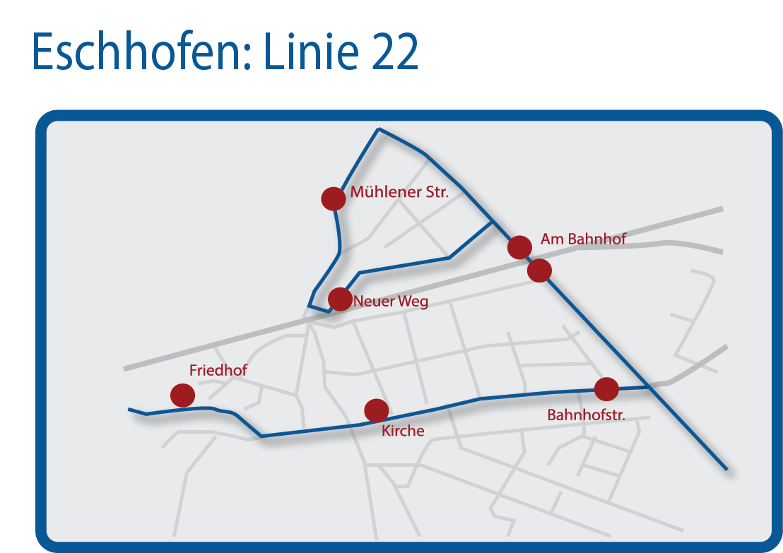 Haltestellen sind: • Friedhof • Kirche • Bahnhofstraße • Am Bahnhof • Mühlner Straße • Neuer Weg
