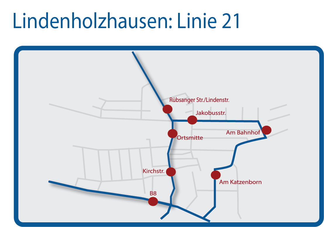 Haltestellen sind: • Kirchstraße • Ortsmitte • Rubsänger-/ Lindenstraße • Jakobusstraße • Am Bahnhof • Am Katzenborn • B8