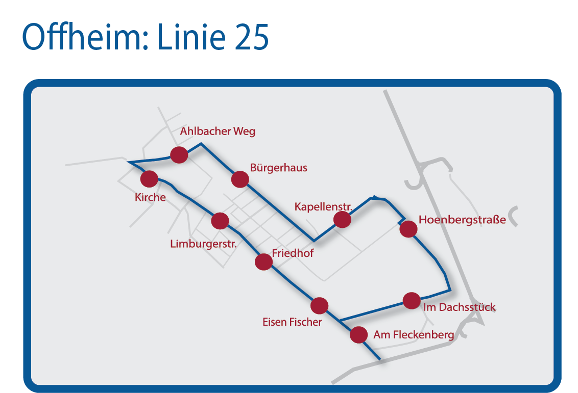 Haltestellen sind: • Am Fleckenberg • Eisenfischer • Friedhof • Limburger Straße • Kirche • Ahlbacher Weg • Bürgerhaus • Kapellen Straße • Hoernberger Straße • Im Dachsstück