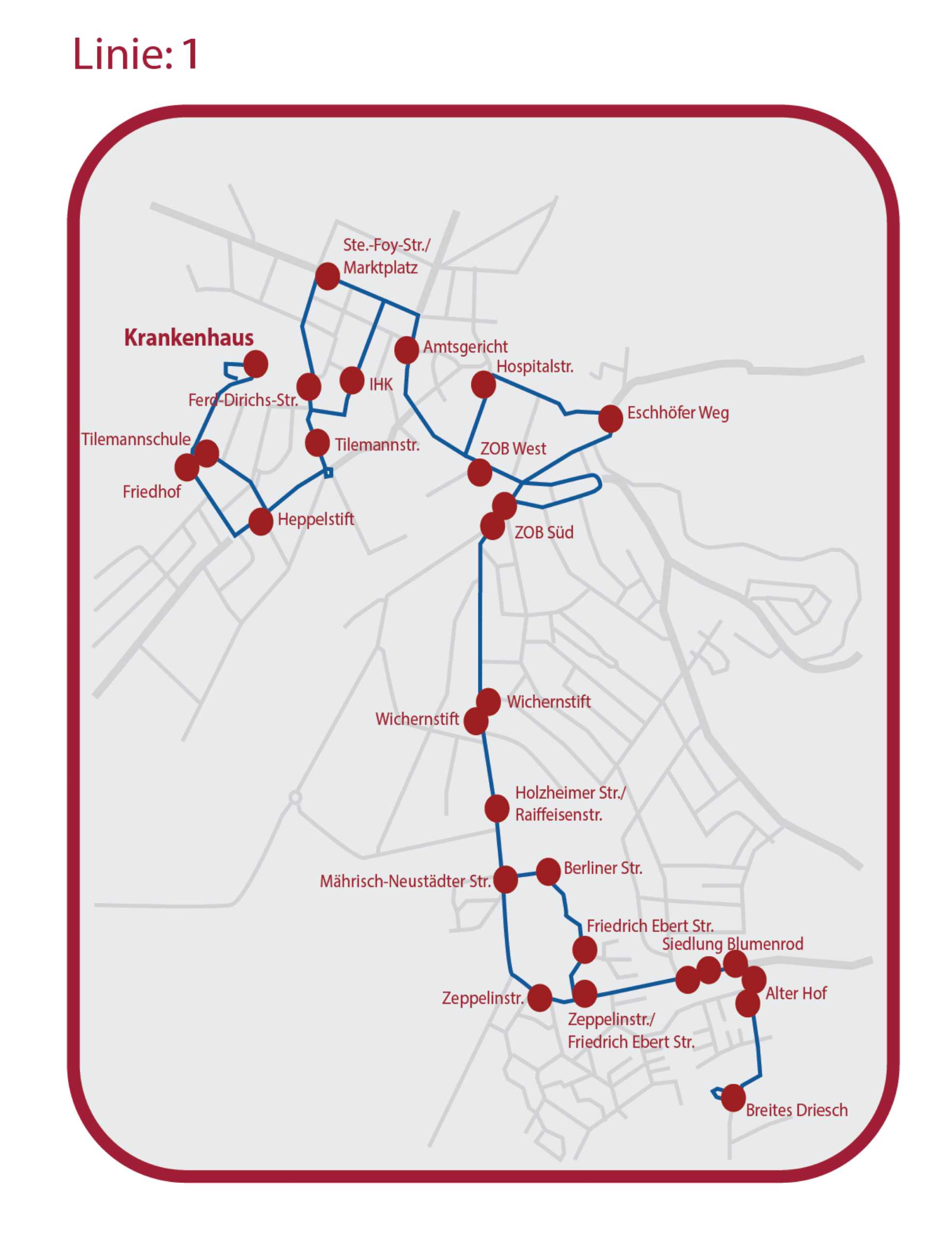 Ausschnitt der Linienführung Linie 3 zum Krankenhaus