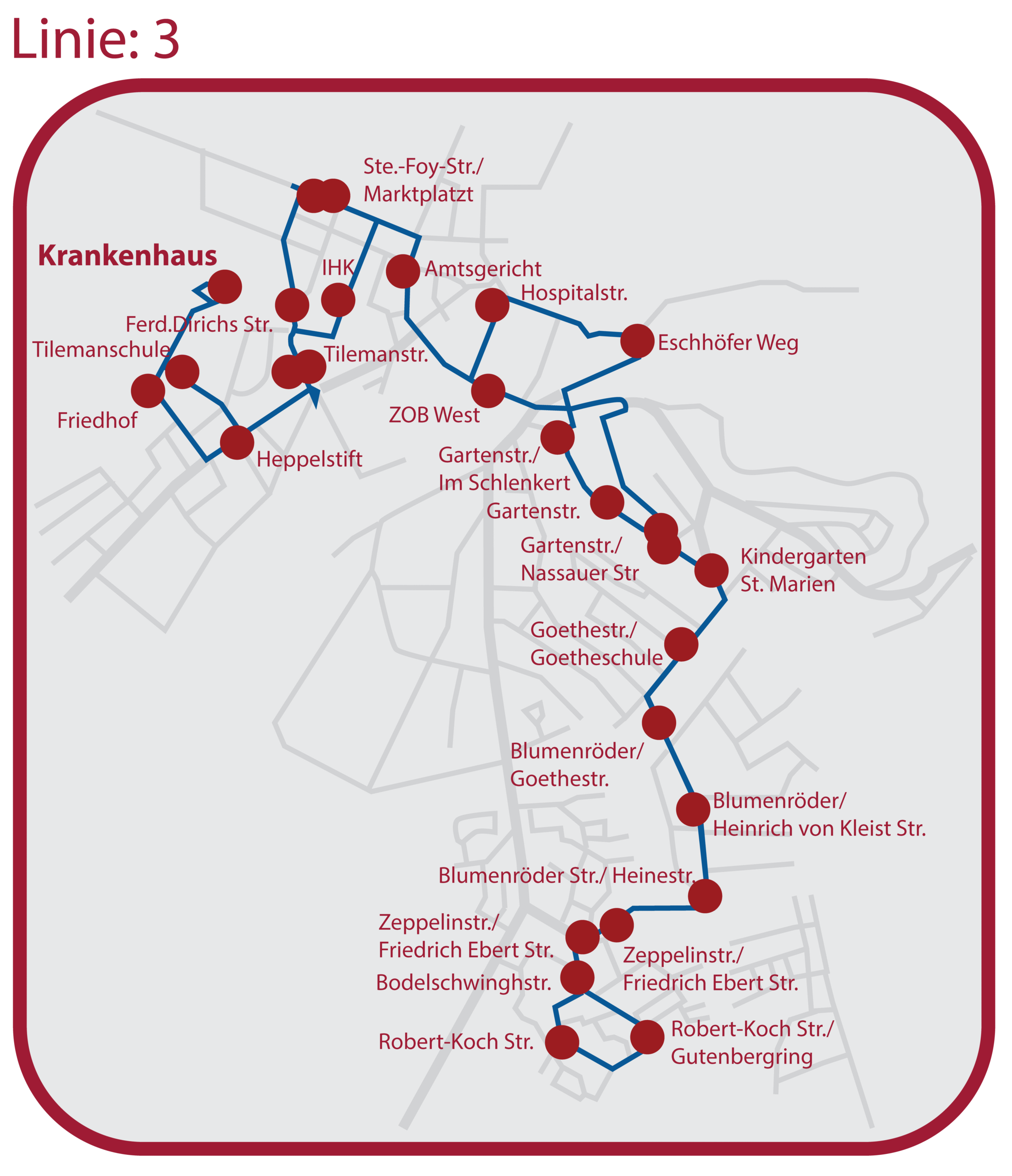 Ausschnitt der Linienführung Linie 3 zum Krankenhaus